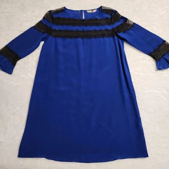 Rebecca Taylor Dresses & Skirts - Rebecca Taylor Women Silk Royal Blue with Black Lace Trumpet Sleeve Dress Size 8